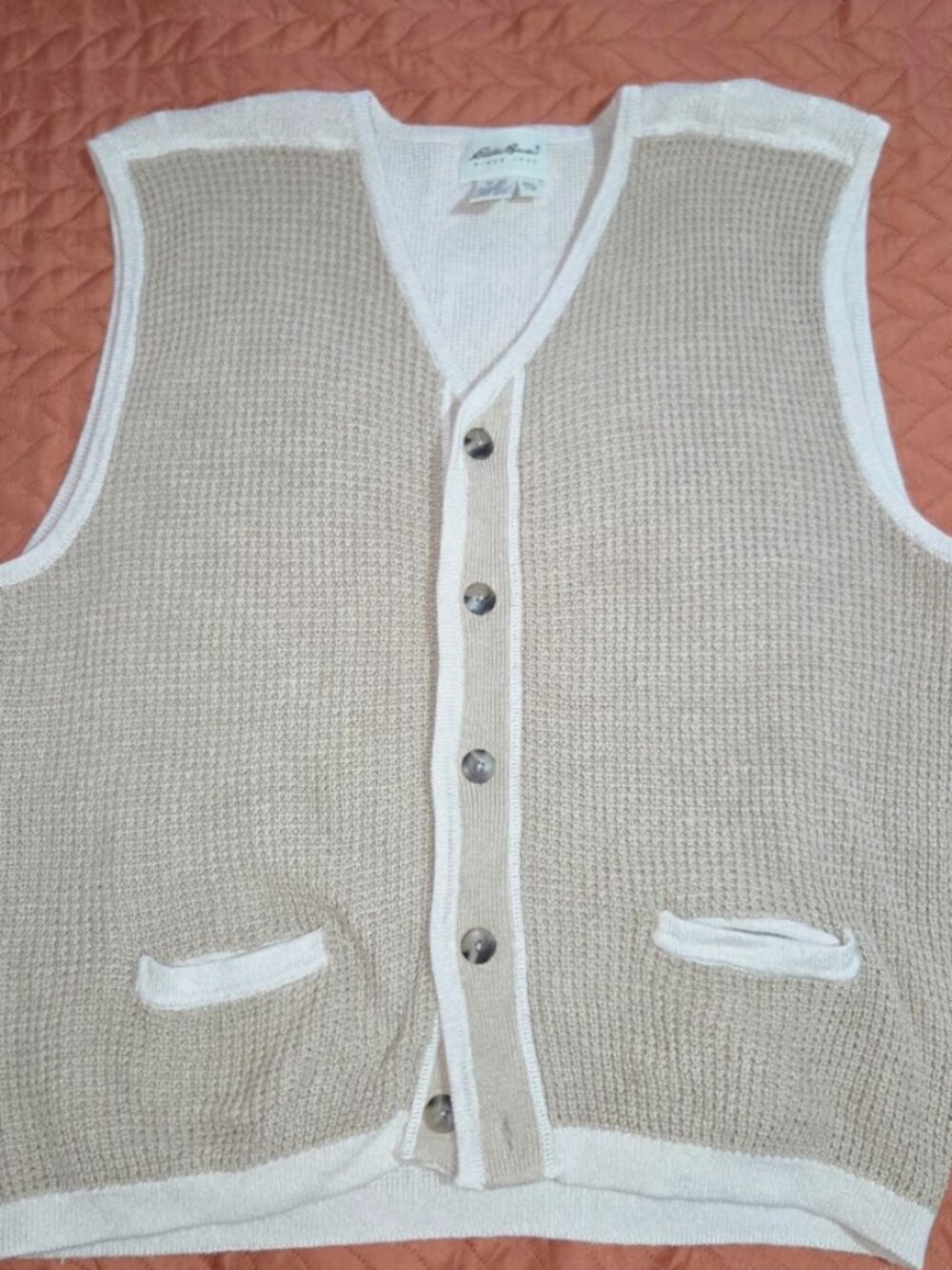 VTG Eddie Bauer Mens Sweater Vest Large Beige Cream Linen Cotton Knit